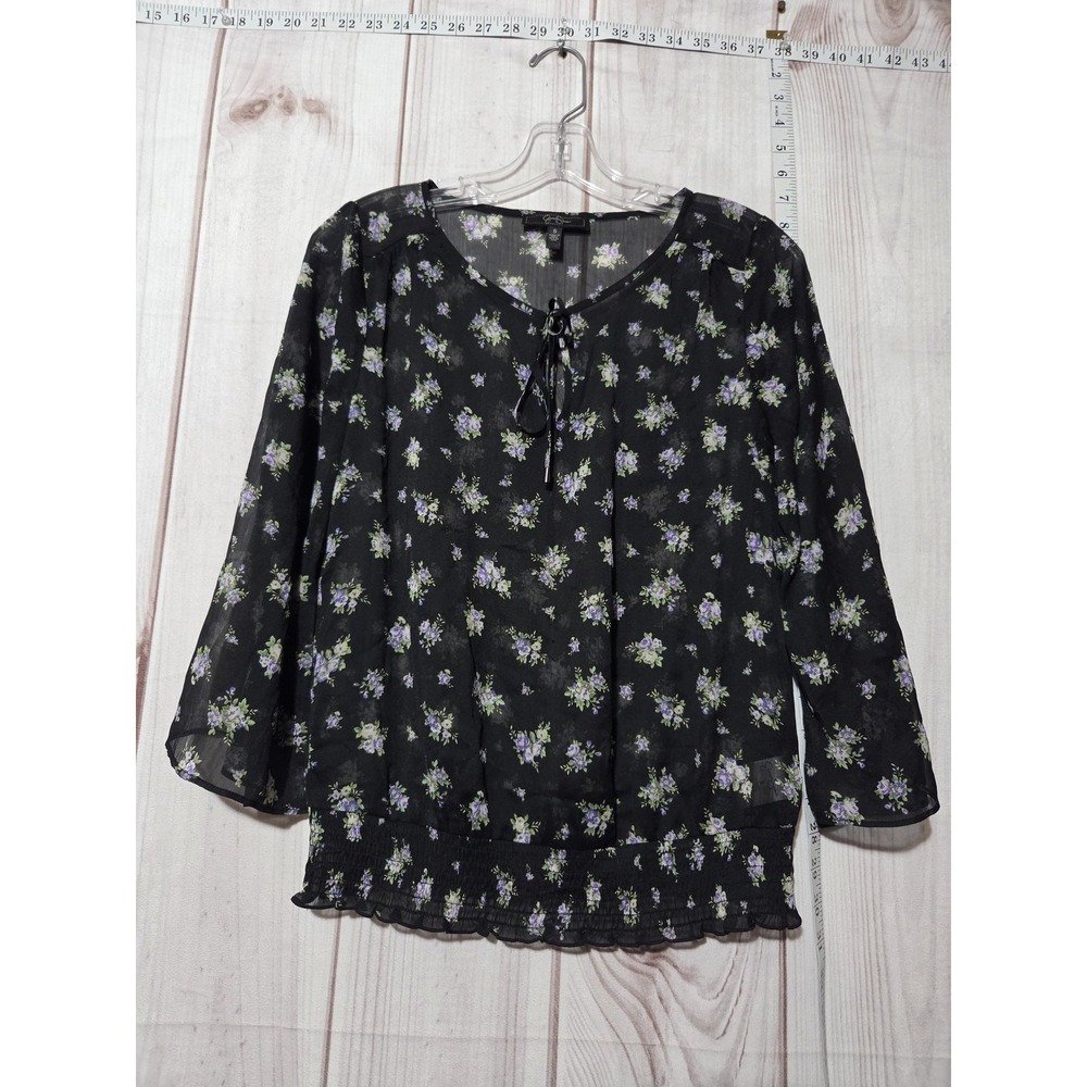 Jessica Simpson Black Floral Chiffon Blouse Smocked Hem Tie Neck Small